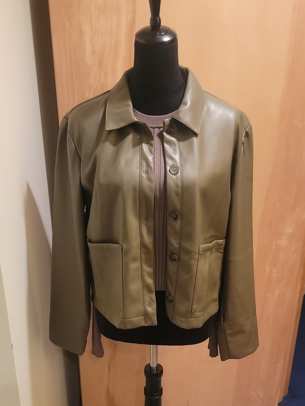 Skies Are Blue Olive Faux Leather Button Jacket